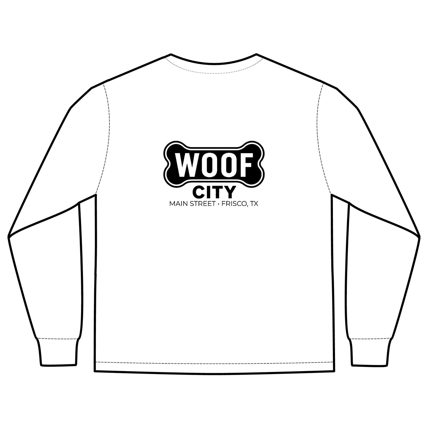 Woof City Long Sleeve Pocket Tee — Pet Shop Logo Shirt