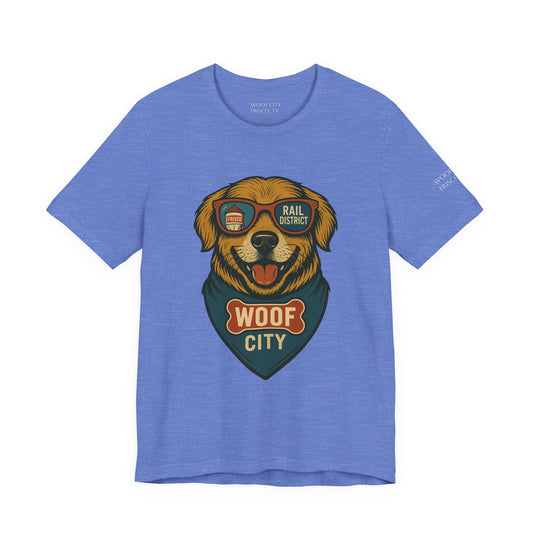 Woof City Rail District Red Golden Retriever Tee – Frisco’s Favorite Dog Shirt