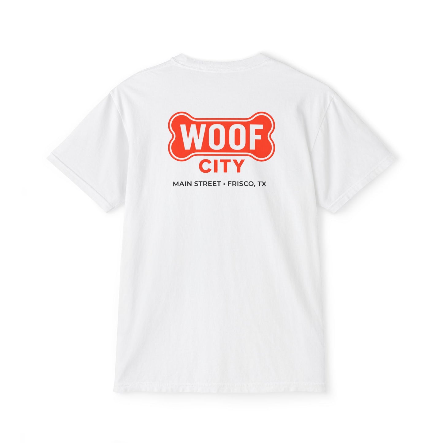 Woof City Pocket T-Shirt with Red Logo — Dog Lover Graphic Tee