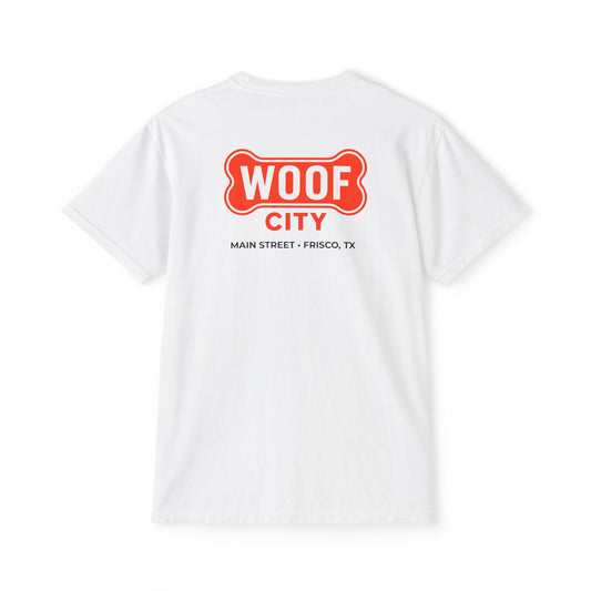 Woof City Pocket T-Shirt with Red Logo — Dog Lover Graphic Tee
