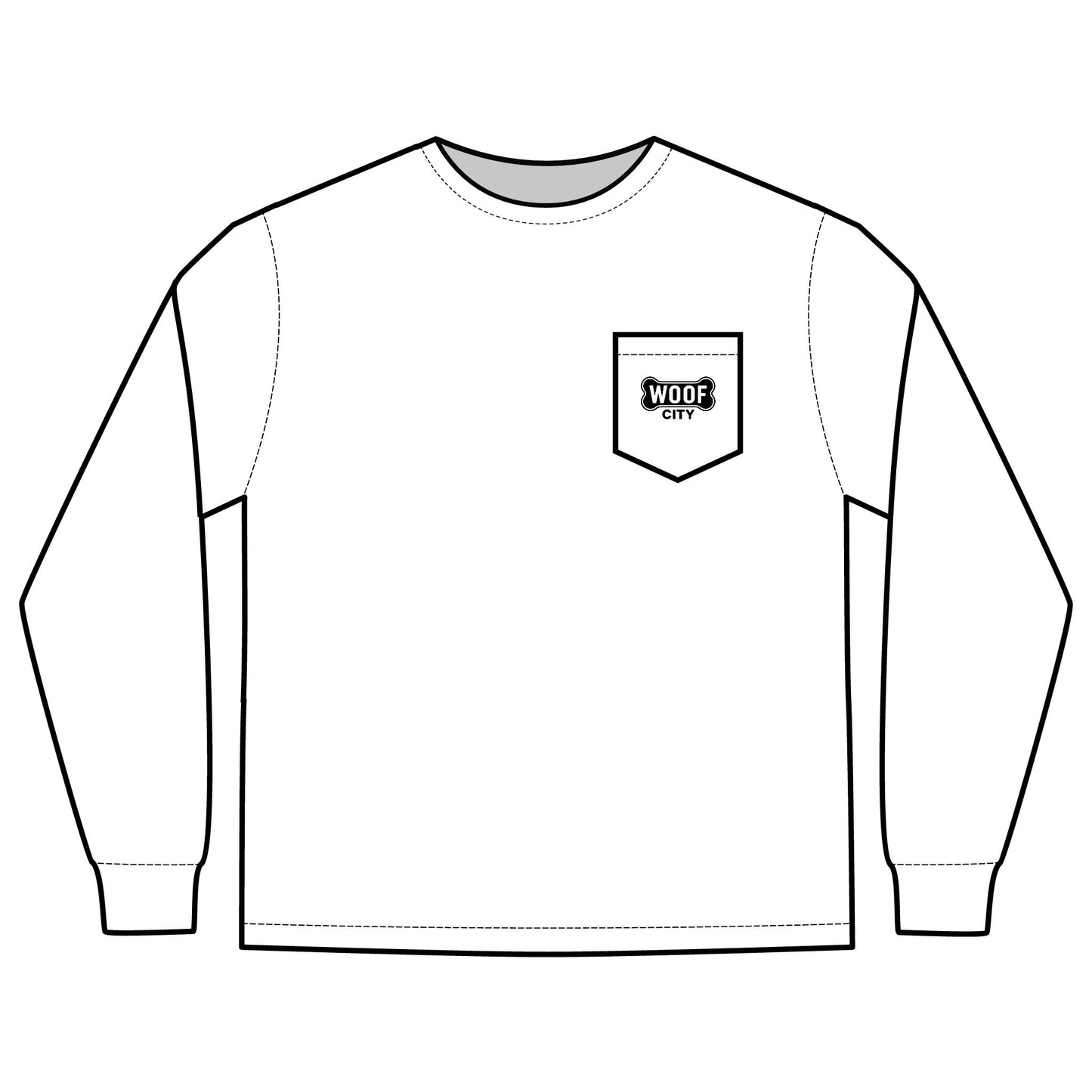 Woof City Long Sleeve Pocket Tee — Pet Shop Logo Shirt