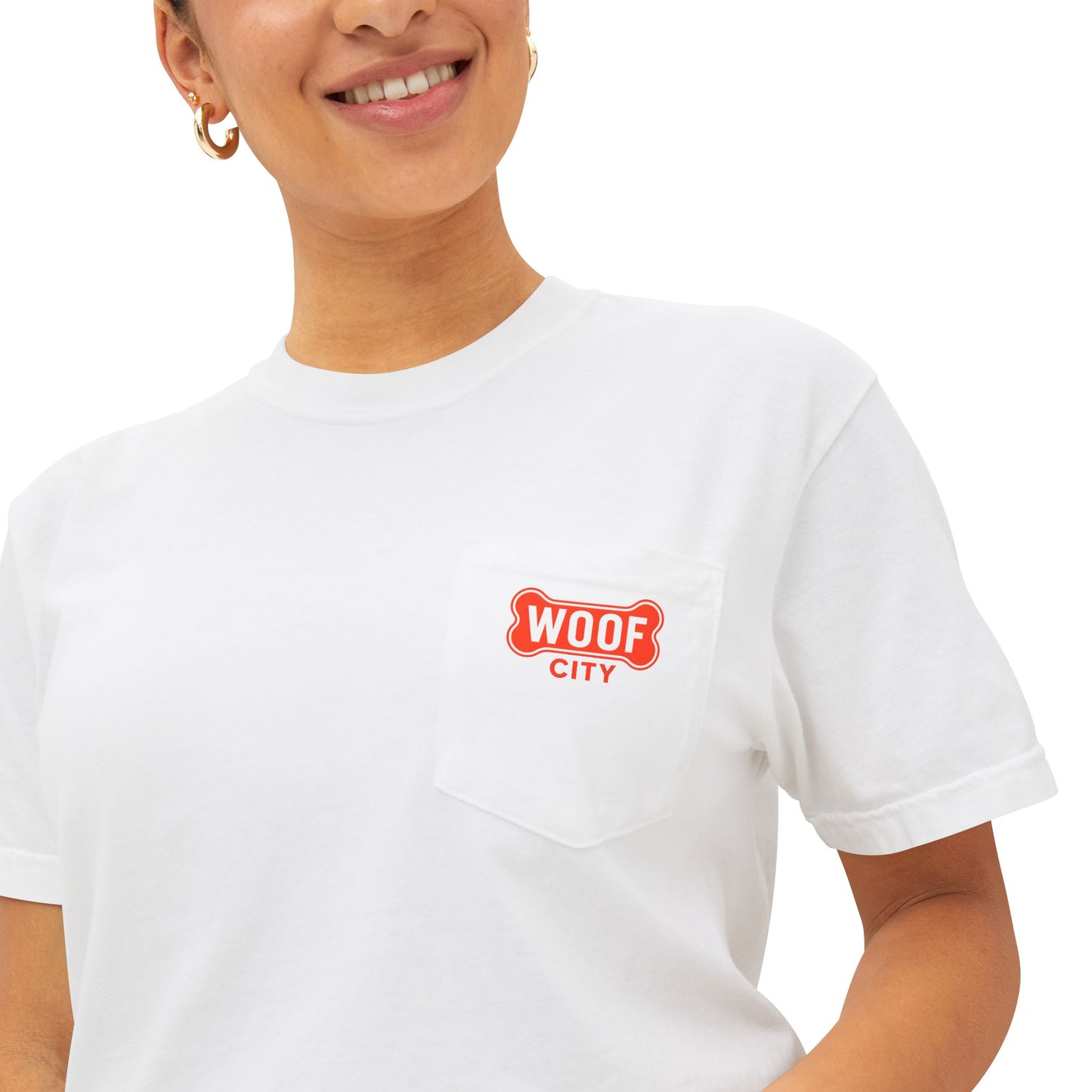 Woof City Pocket T-Shirt with Red Logo — Dog Lover Graphic Tee