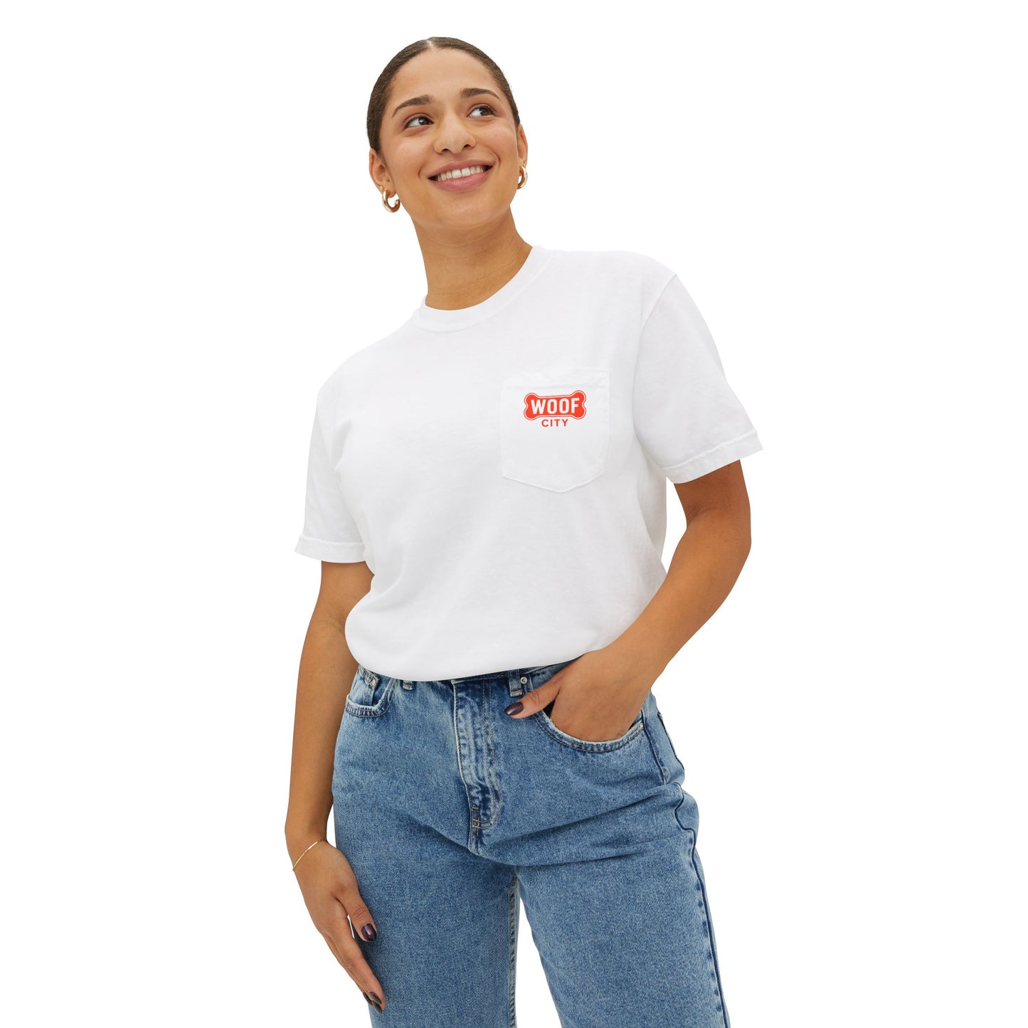 Woof City Pocket T-Shirt with Red Logo — Dog Lover Graphic Tee