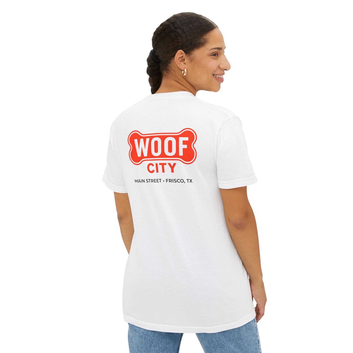 Woof City Pocket T-Shirt with Red Logo — Dog Lover Graphic Tee